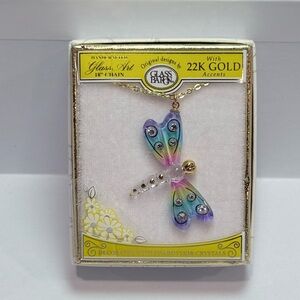 Glass Baron Rainbow Dragonfly Necklace 22K Gold Trim Swarovski Crystals NEW